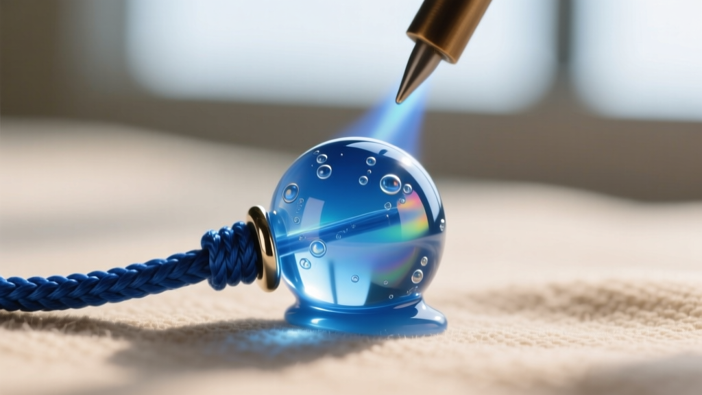 Close-up of a melted blue polyester jewelry cord end, showing the smooth glass-like bead formed by a precision thread burner tool.