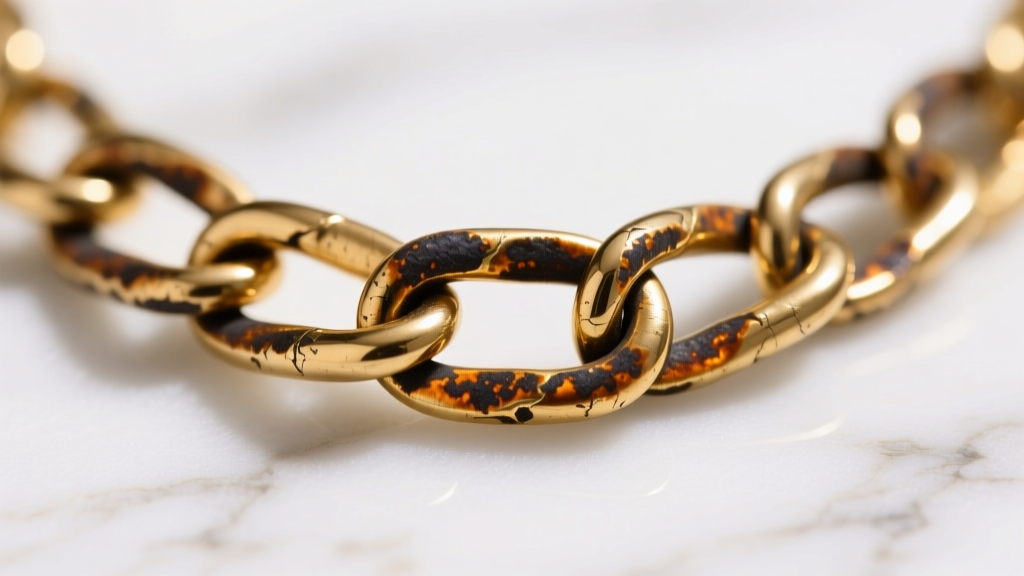 Macro shot of tarnished gold vermeil necklace chain showing dark oxidation at link joints against a white marble background