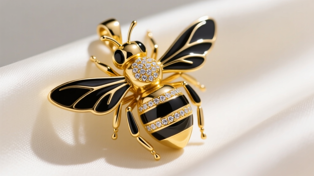 Close-up of an 18k yellow gold necklace of bees pendant featuring black vitreous enamel wings and diamond accents on a silk cloth.