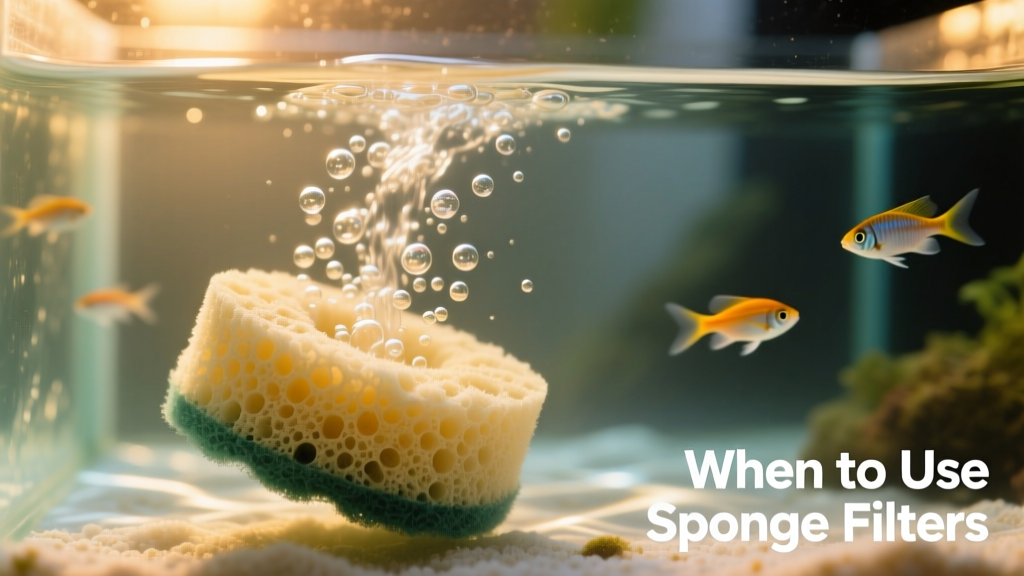 Close-up of a sponge filter submerged in a freshwater aquarium, showing bubbles rising from the sponge surface