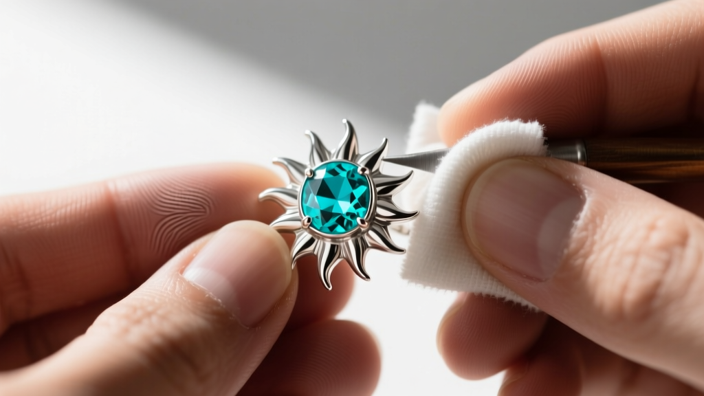 Hands polishing the sterling silver frame of a sunface earring with a soft cloth, avoiding the delicate colored stone inlay