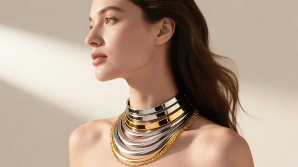 Side profile of a woman wearing layered stainless steel and gold-plated Belle necklaces, showing contrasting warm and cool metal hues.