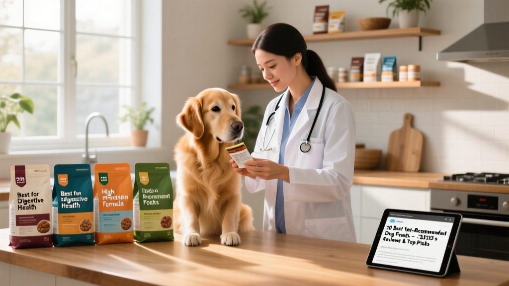Veterinarian reviewing dog food labels with a calm Golden Retriever beside her