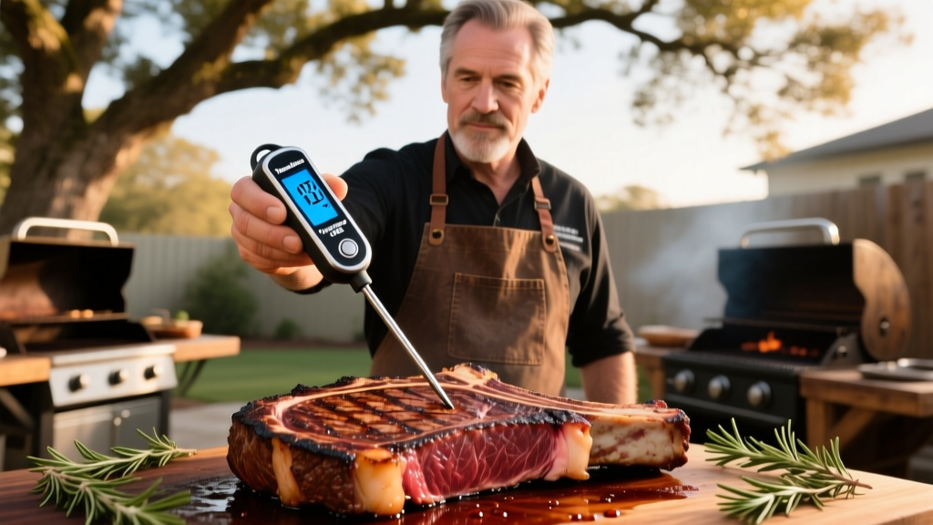 Pitmaster holding a glowing ThermoWorks Thermapen ONE instant-read thermometer probing a thick tomahawk ribeye steak