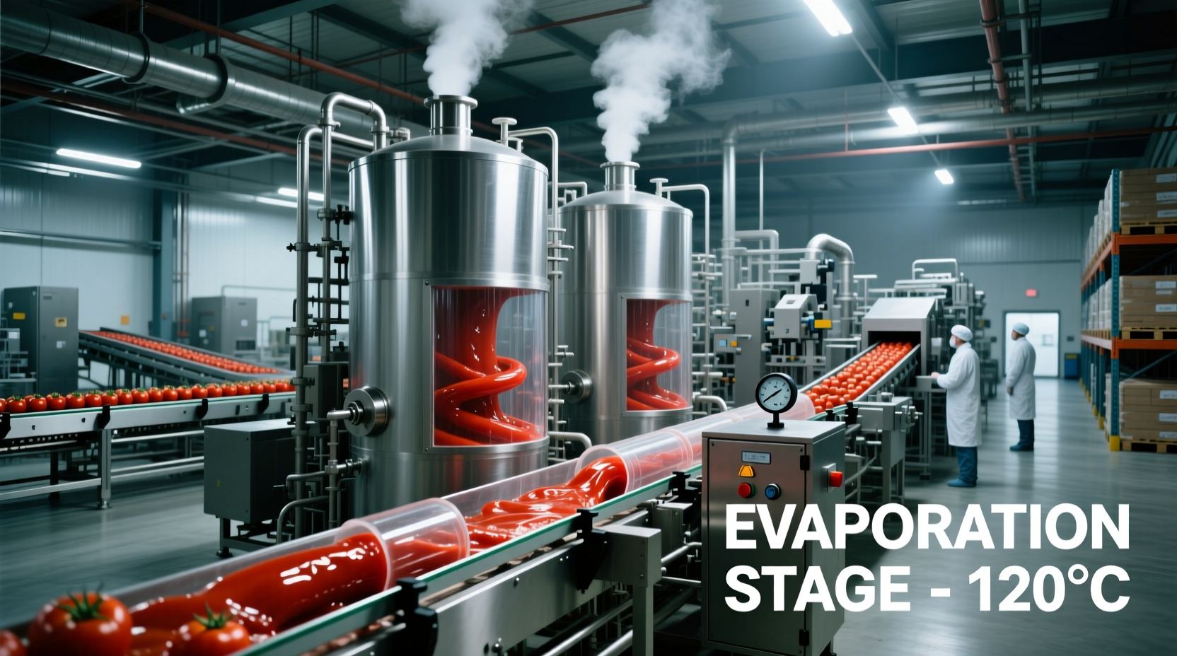 Industrial tomato paste production line showing evaporation equipment