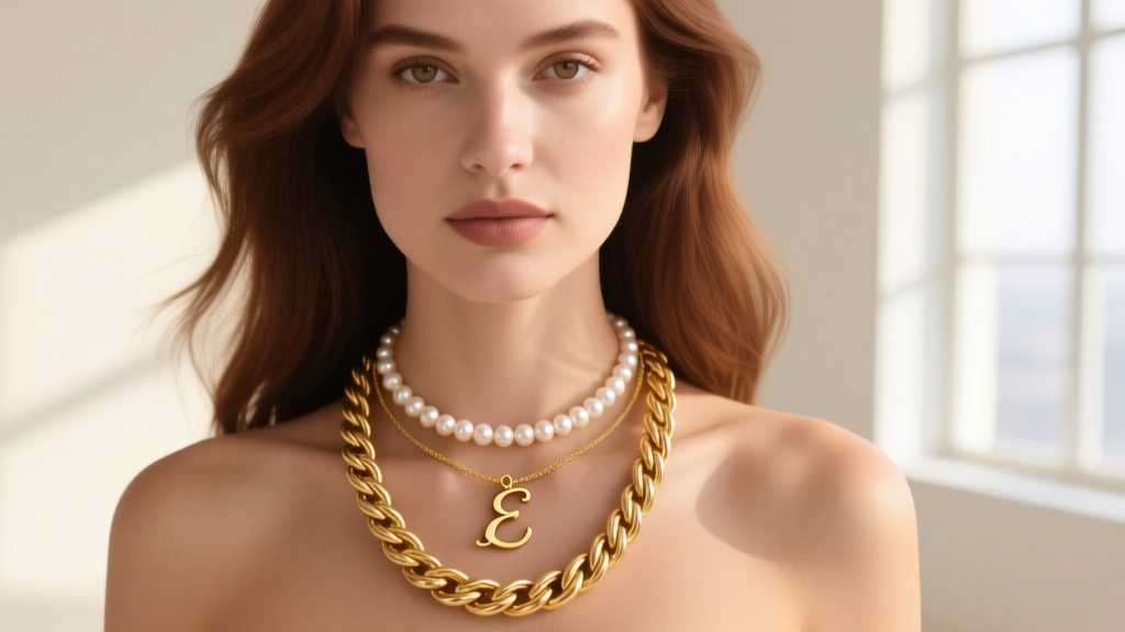 Woman wearing a layered necklace stack featuring a gold letter pendant, a delicate pearl choker, and a thick gold rope chain.