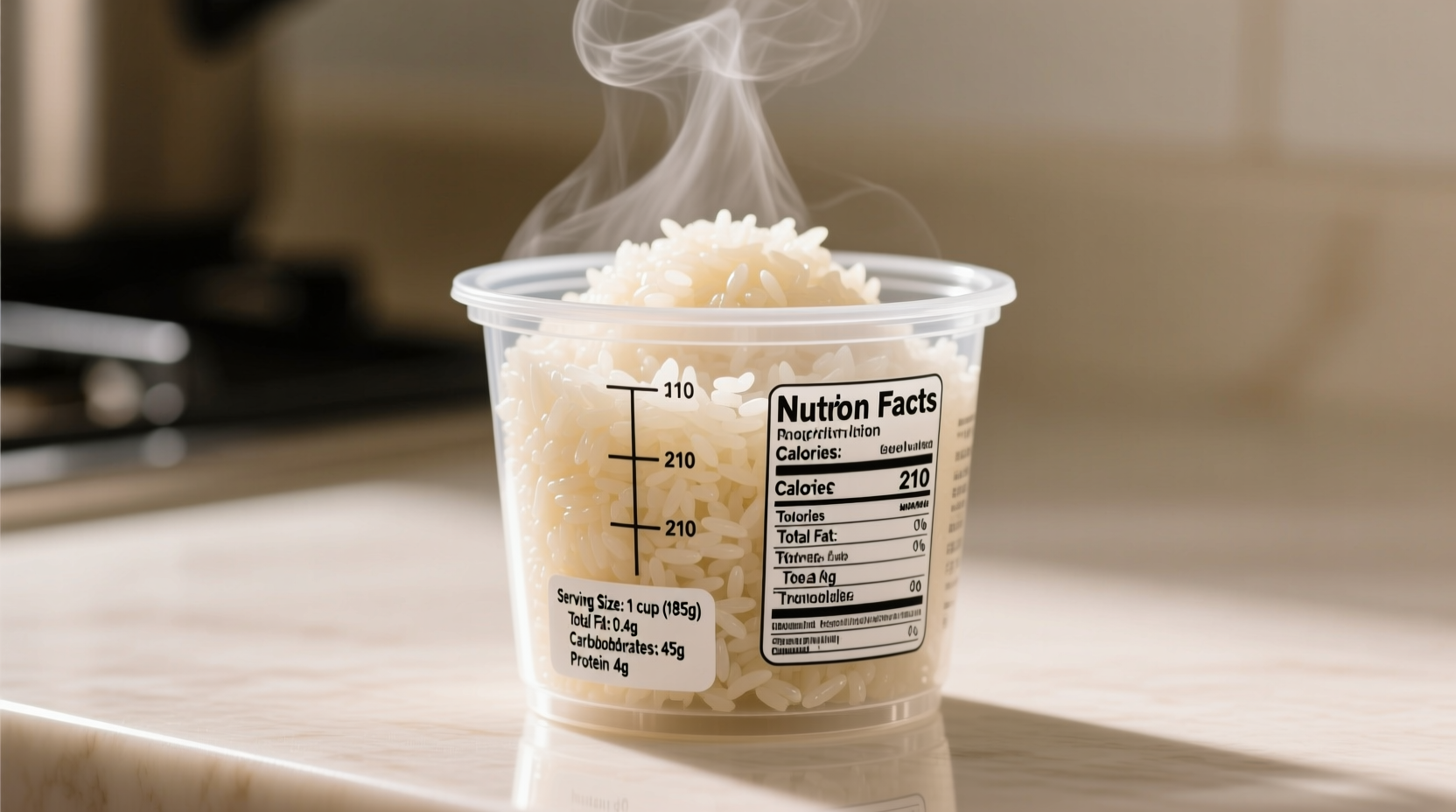 Cooked rice portions in measuring cup with nutrition facts