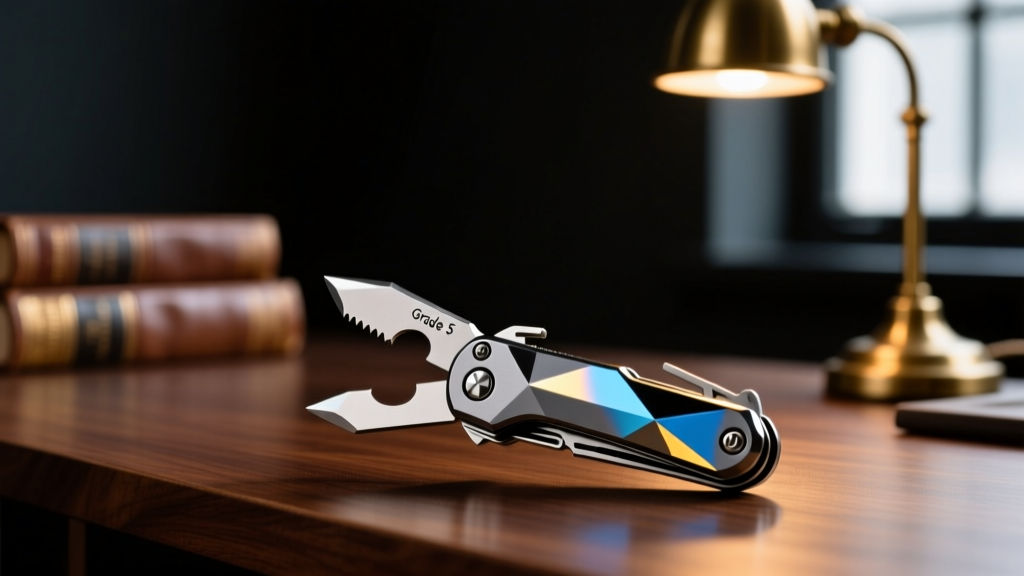 Close-up macro shot of a Grade 5 titanium multi-tool with diamond-like carbon coating reflecting warm ambient light in a dimly lit study.