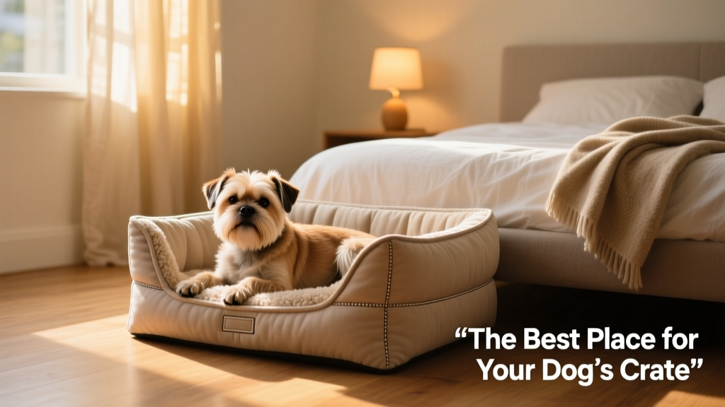 A calm Brussels Griffon resting comfortably in a well-padded crate placed beside a bed
