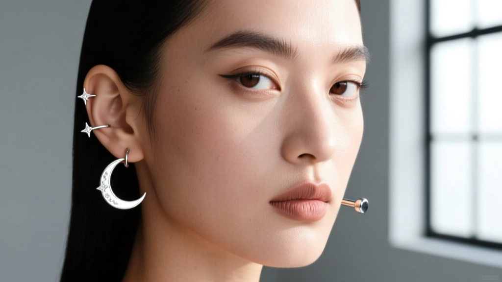 Portrait of a model showcasing a heavily curated left ear with moon threaders and a single minimalist barbell on the right ear