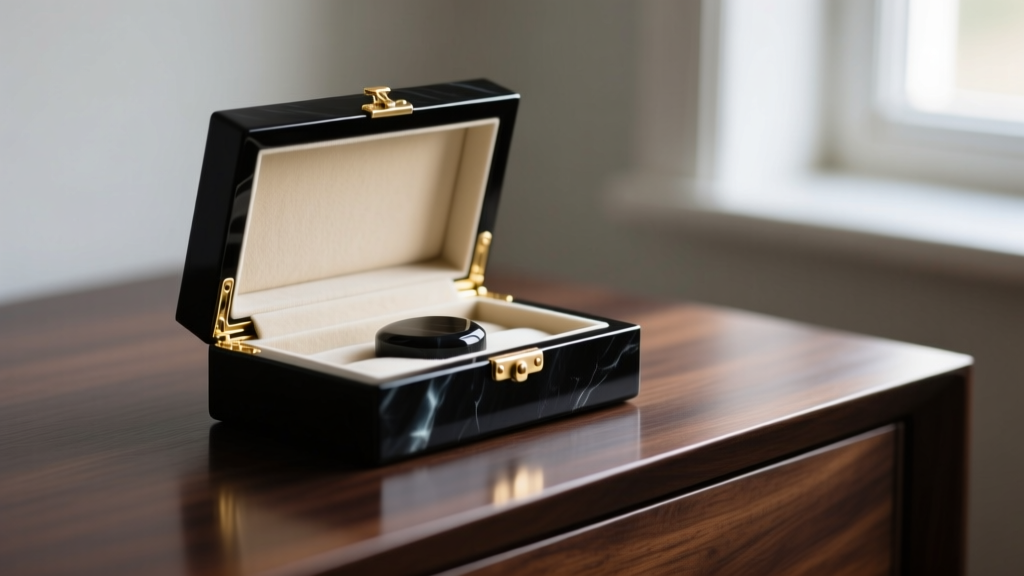 Polished black onyx jewelry box with brass hinges on dark oak dresser, lid slightly open to reveal cream velvet interior lining.