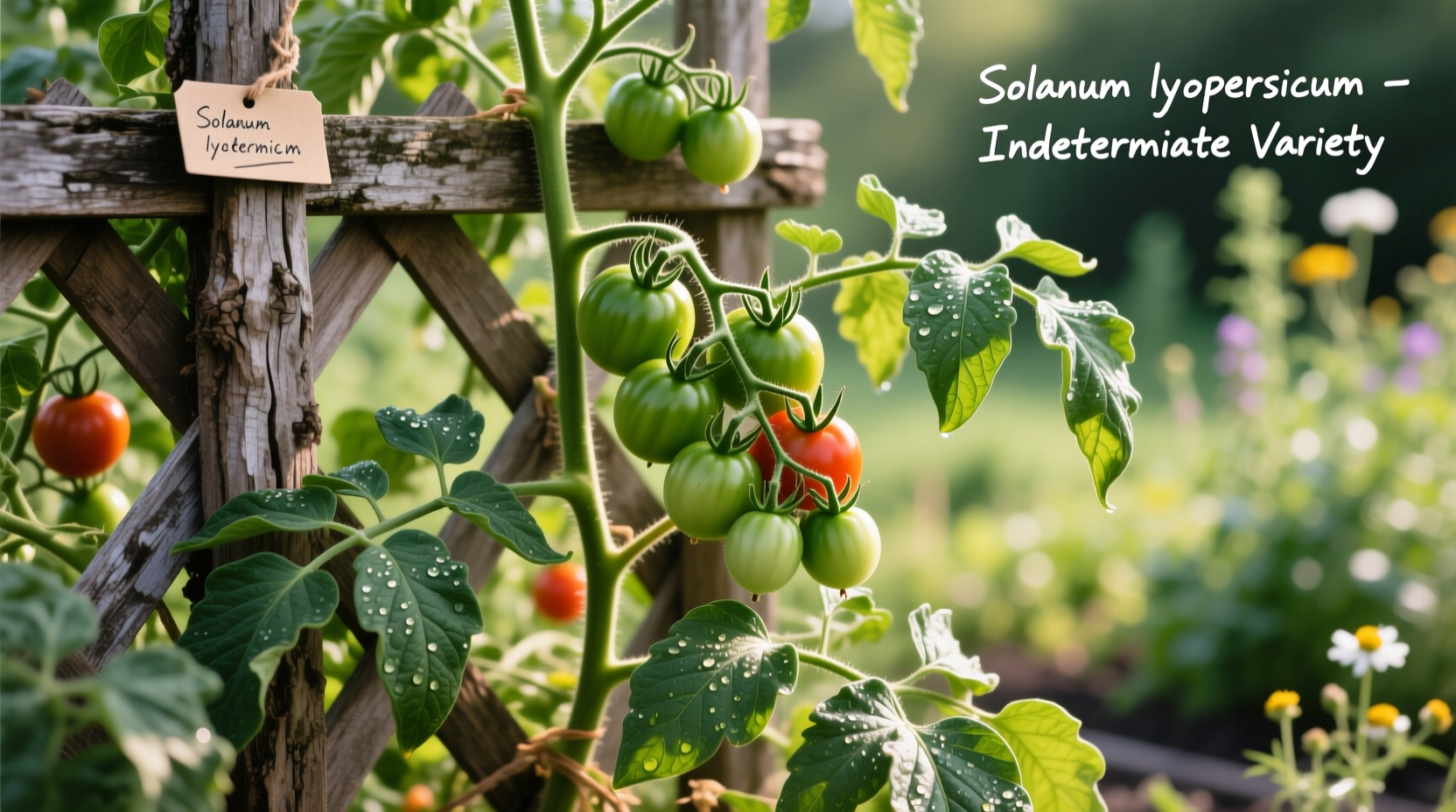 Indeterminate tomato plant growing on trellis