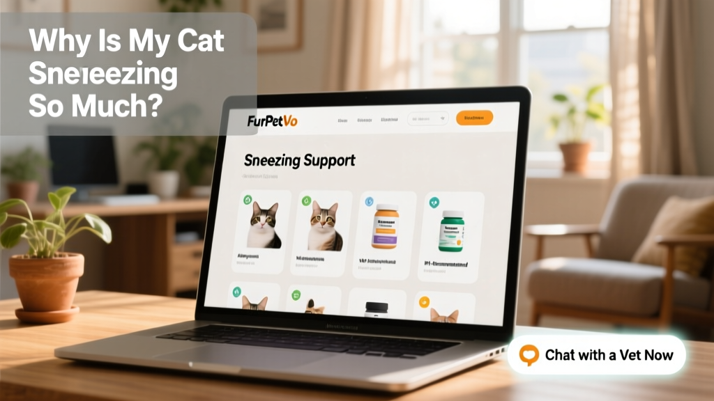 Screenshot of the FurPetVo website homepage showing 'Sneezing Support' category with featured products and live chat option
