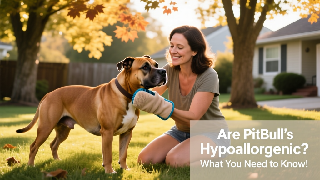 Person gently brushing a Pitbull outdoors with a rubber grooming mitt, sunlight filtering through trees