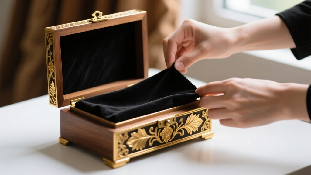 Hands applying acid-free black suedette fabric over a sealed wooden compartment inside a vintage gold-washed antique jewelry box.