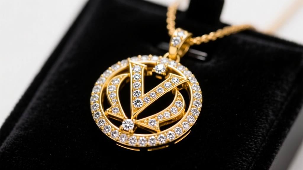 Close-up of a heavy solid 14k yellow gold custom Von pendant with pave diamonds on a dark velvet display pad under studio lighting.