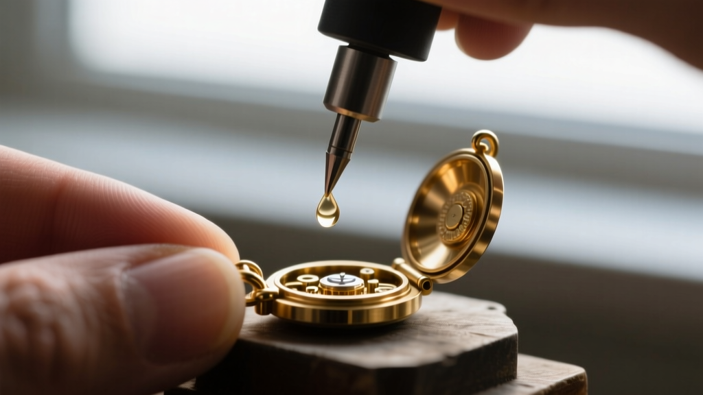 Macro shot of a jeweler using a micro-oiler to apply synthetic lubricant to the tiny brass hinge barrel of an open tomb pendant.