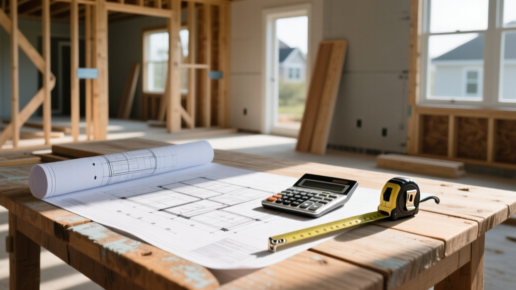 Architectural blueprints on a wooden table next to a calculator and tape measure at a sunlit residential framing site