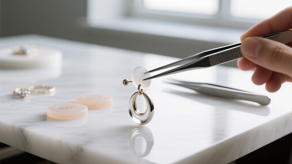 Clear silicone comfort pads applied to a resin clip-on earring using precision tweezers on a clean, well-lit jewelry workbench