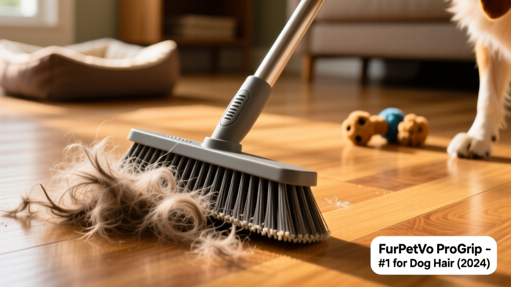 Close-up of FurPetVo ProGrip Rubber Broom lifting a dense clump of dog hair from hardwood floor