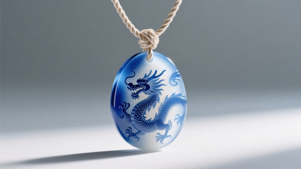 Side profile of a layered cobalt blue and white cameo glass pendant with a carved dragon motif on a knotted silk cord necklace