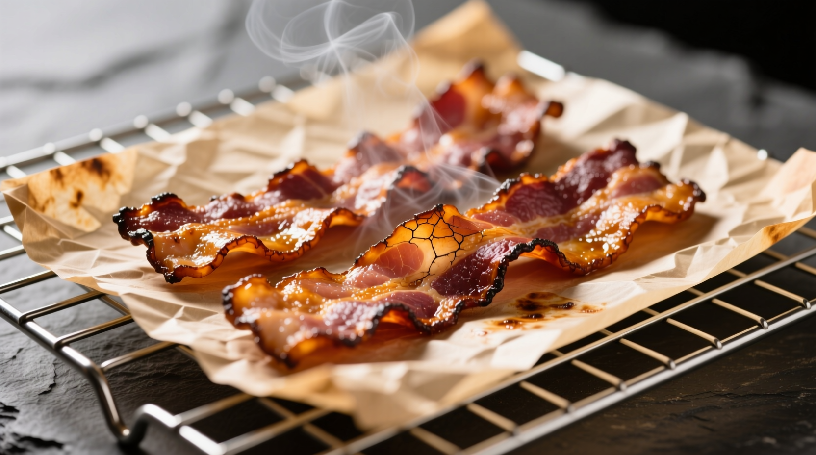 Oven-baked bacon on cooling rack with parchment paper