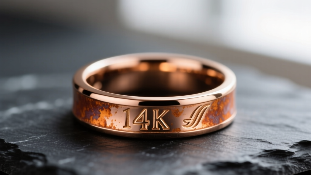 Macro photography of a 14k rose gold signet ring showing slight copper oxidation on the band, resting on a dark slate surface