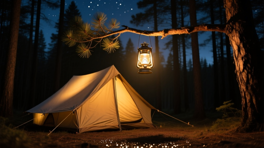 Nighttime campsite illuminated by the warm 3000K glow of a Barebones Forest Lantern hanging from a pine branch above a canvas tent.