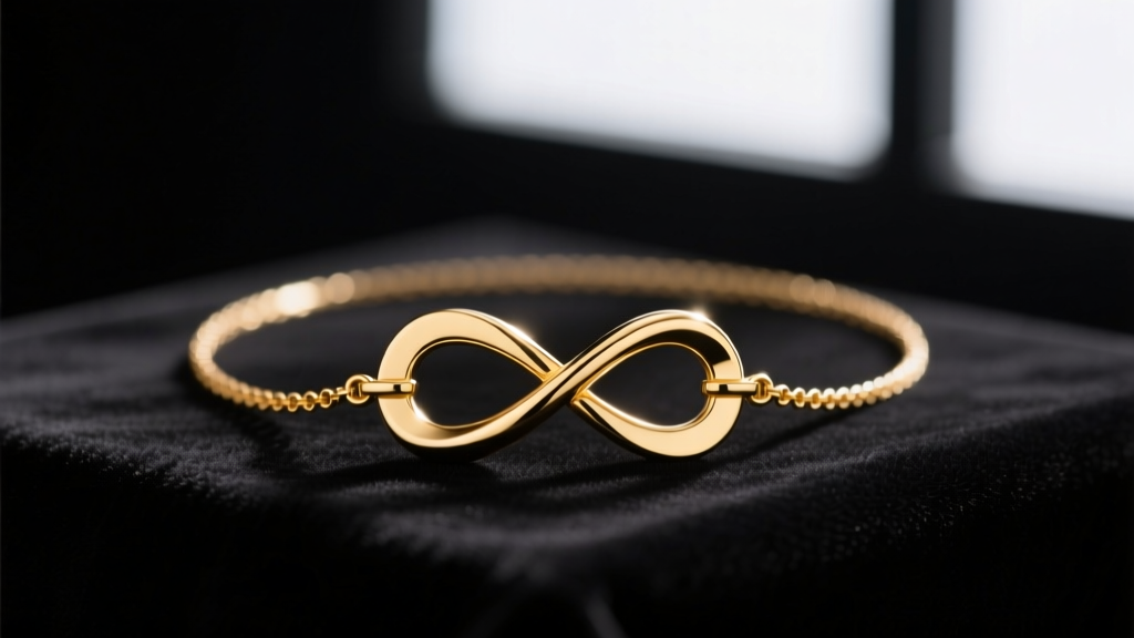 14k gold infinity cross pendant necklace on dark velvet, soft studio lighting highlighting the intersecting polished metal curves