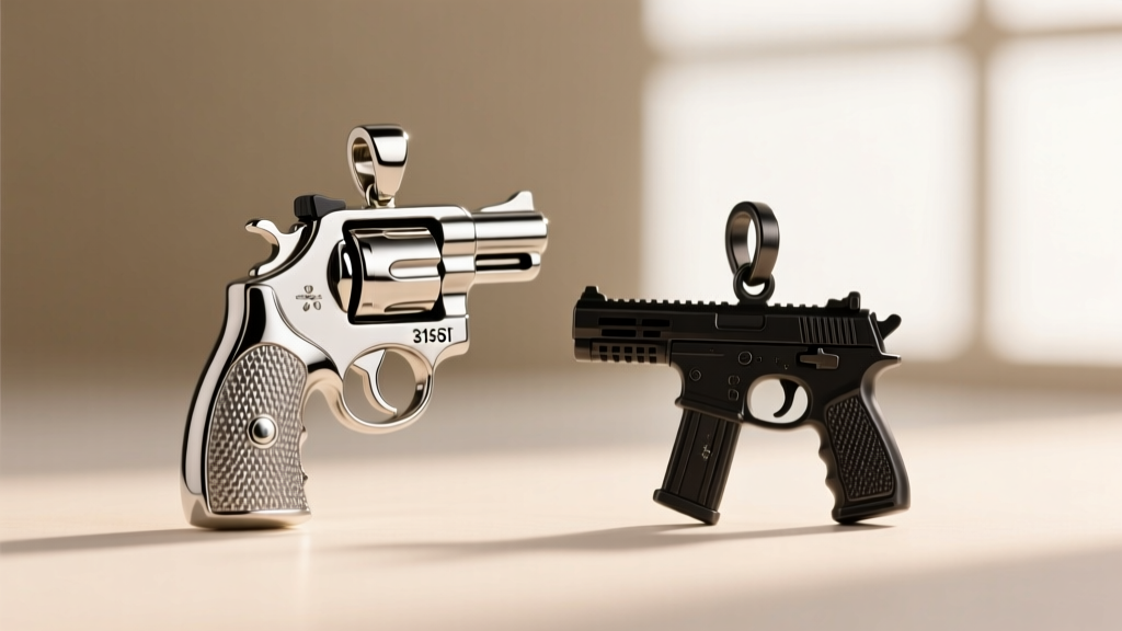 Macro shot comparing a high-polish 316L stainless steel revolver pendant with a matte black titanium tactical firearm charm