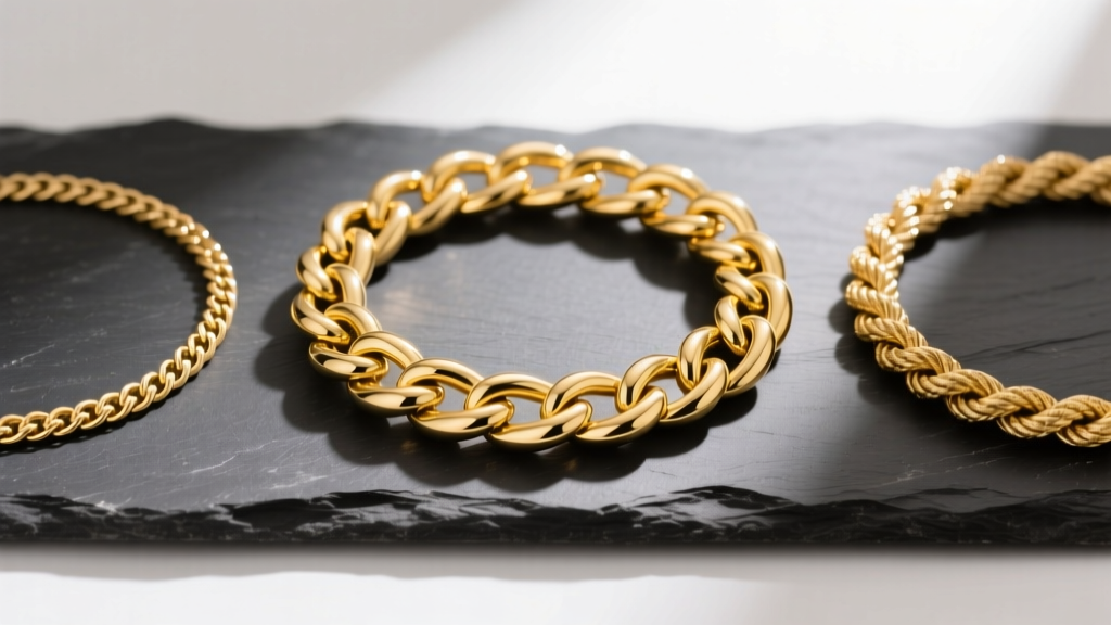 Flat-lay of three 14k yellow gold chains: a thick Cuban link, a delicate herringbone, and a twisted rope, resting on dark slate.