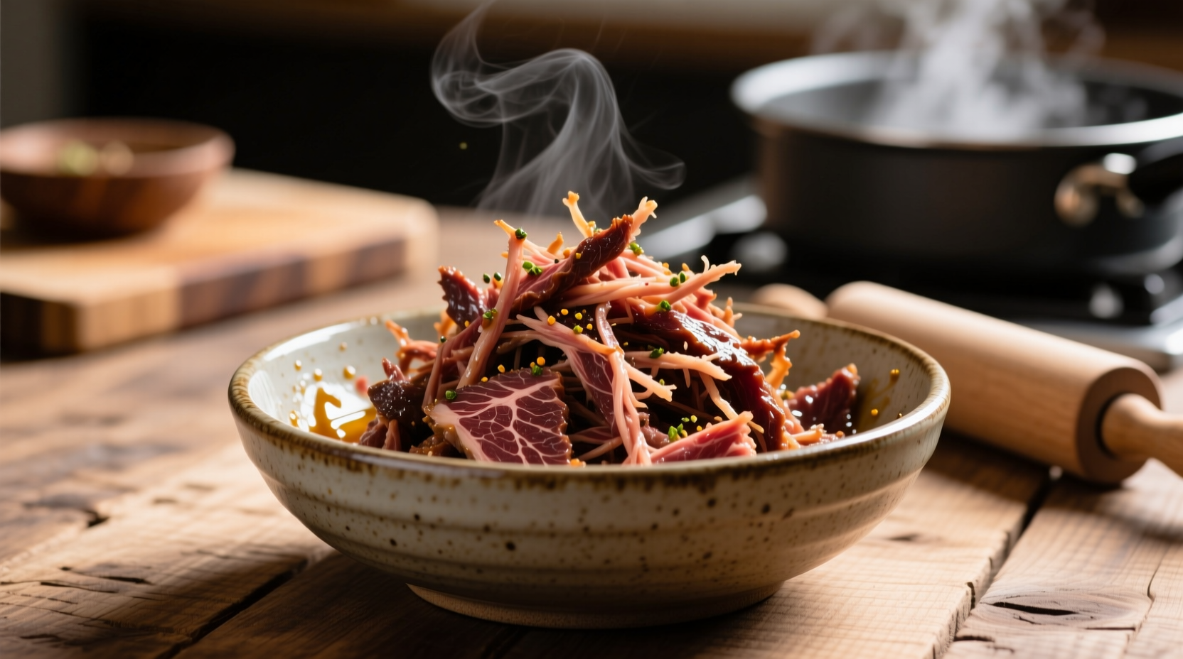 Perfectly shredded beef in mixing bowl