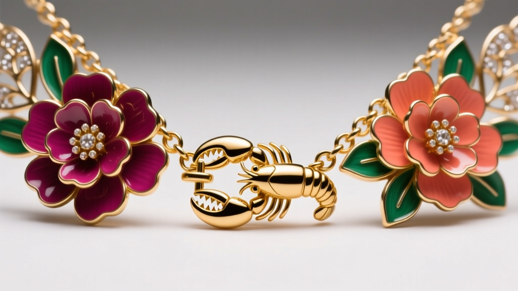Macro shot of a 12mm gold lobster clasp on a 4mm rolo chain securing a large floral statement necklace, bright studio lighting.
