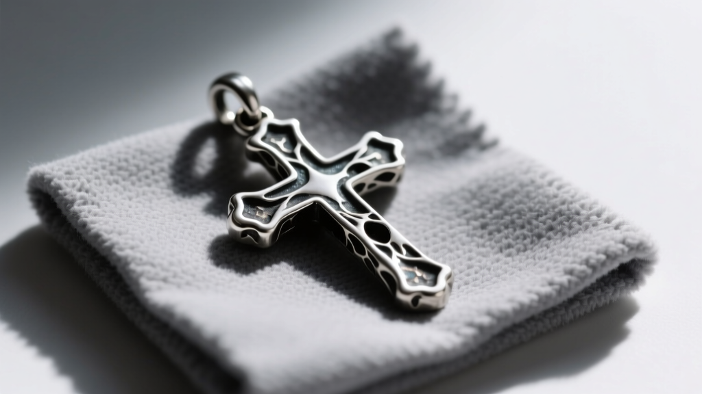 Oxidized sterling silver cross charm on a gray microfiber polishing cloth, soft lighting highlighting the darkened metal crevices.