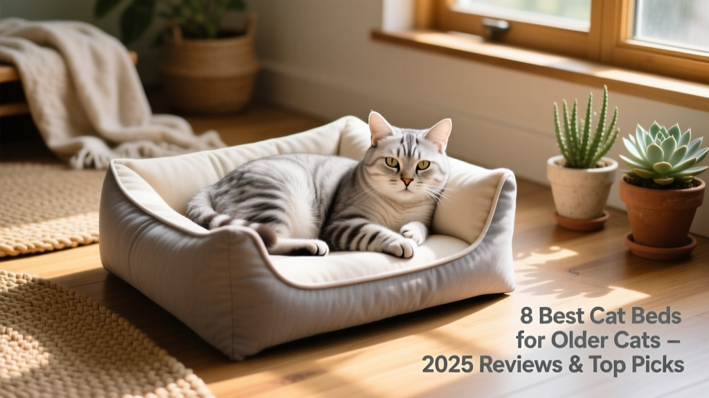 Senior cat resting comfortably in a supportive, low-profile cat bed with soft bolsters