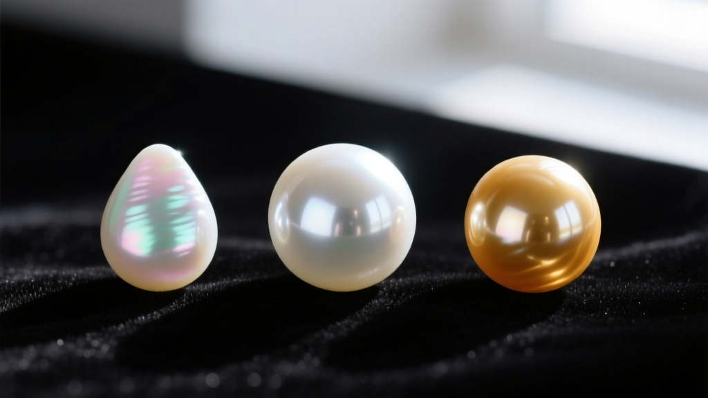 Macro shot of three pearls on black velvet: a pastel freshwater drop, a round white Akoya, and a golden South Sea pearl.