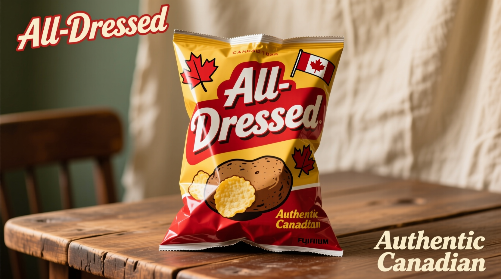 Colorful bag of authentic Canadian all dressed potato chips