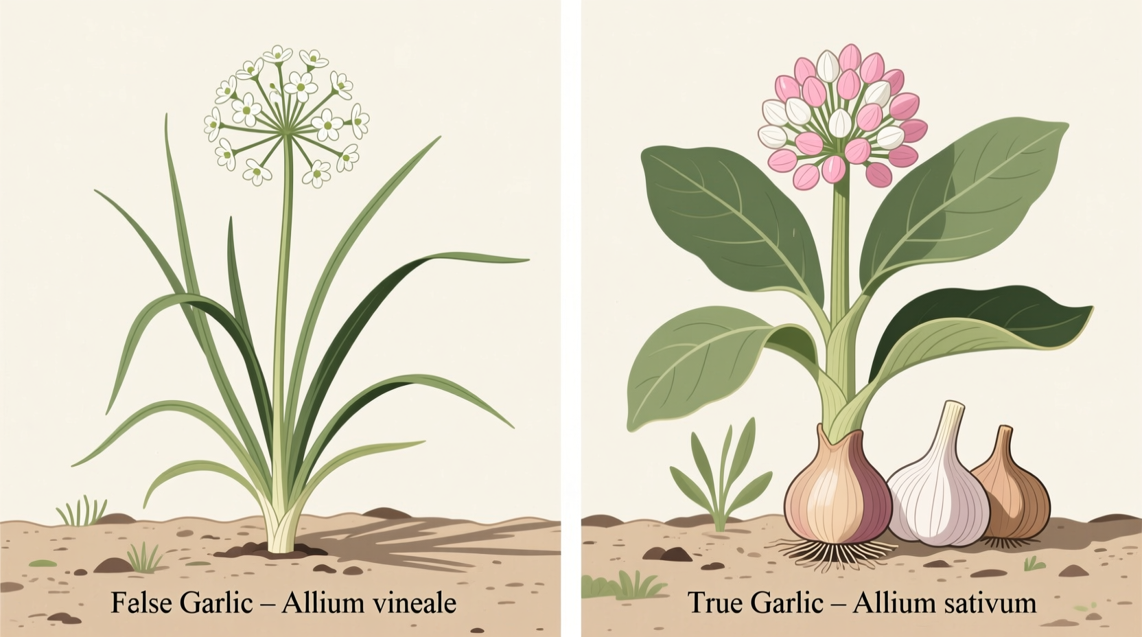 Side-by-side comparison of false garlic and true garlic plants