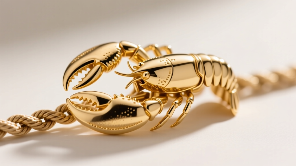 Macro shot of 14k gold lobster claw clasp on a rope chain, highlighting metal texture, craftsmanship, and bright polished finish