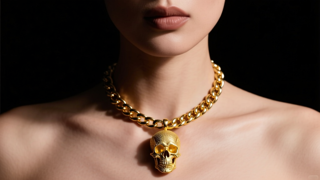 Close-up of a model wearing a solid 18k yellow gold skull pendant on a thick Cuban chain, moody studio lighting.