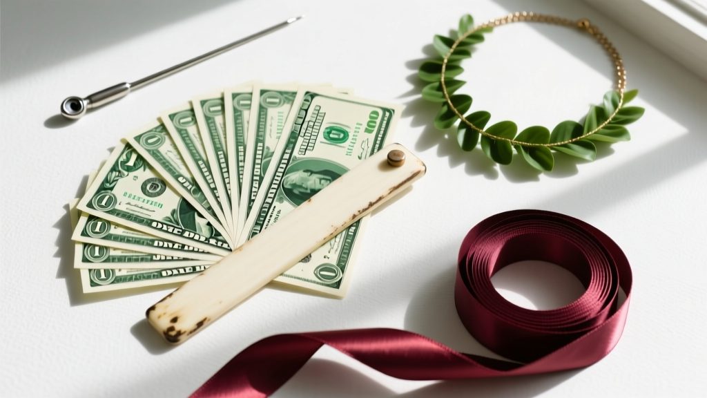 Flat lay of lei money necklace supplies: crisp dollar bills, a bone folder, wide satin ribbon, and a large-eye needle.