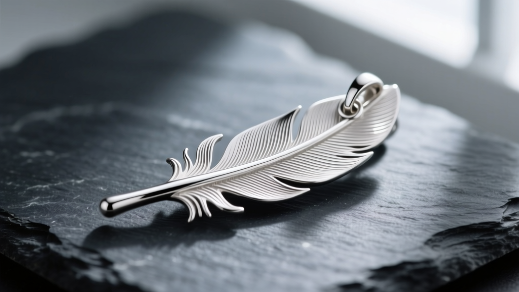 Macro shot of a 925 sterling silver feather pendant on dark slate, showing intricate engraved barbs and a polished central shaft.