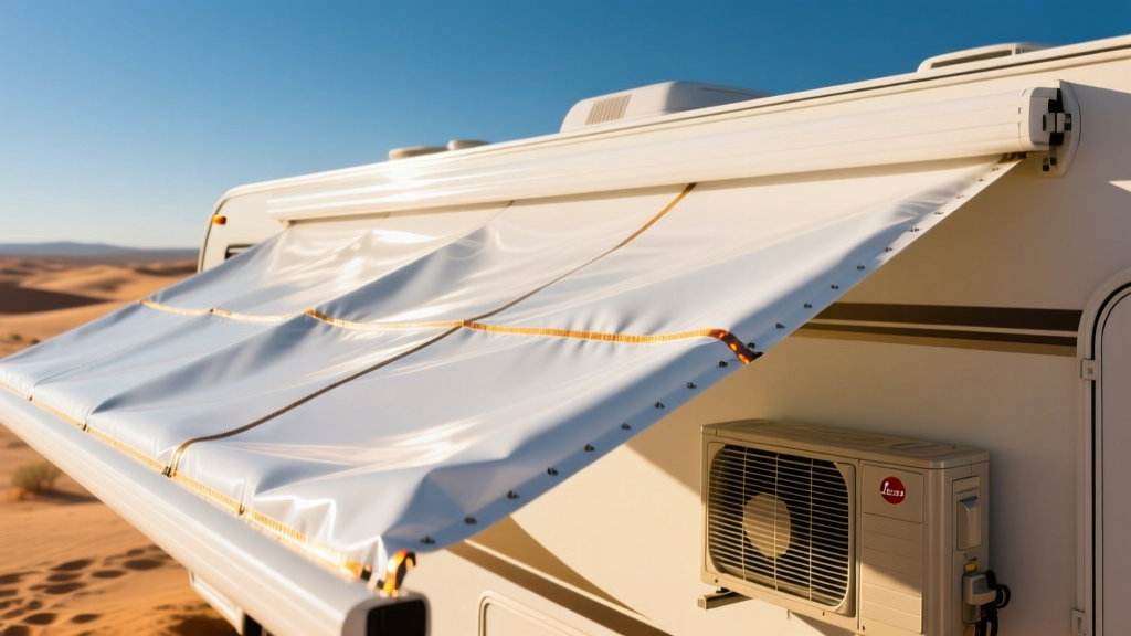 Close-up of a white TPO motorhome roof membrane being heat-welded at the seams under bright desert sunlight with an RV AC unit