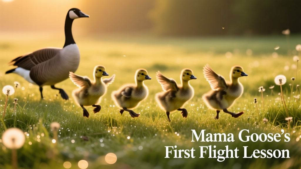 A group of young goslings running side-by-side across a sunlit grassy field, wings slightly raised as if mid-practice