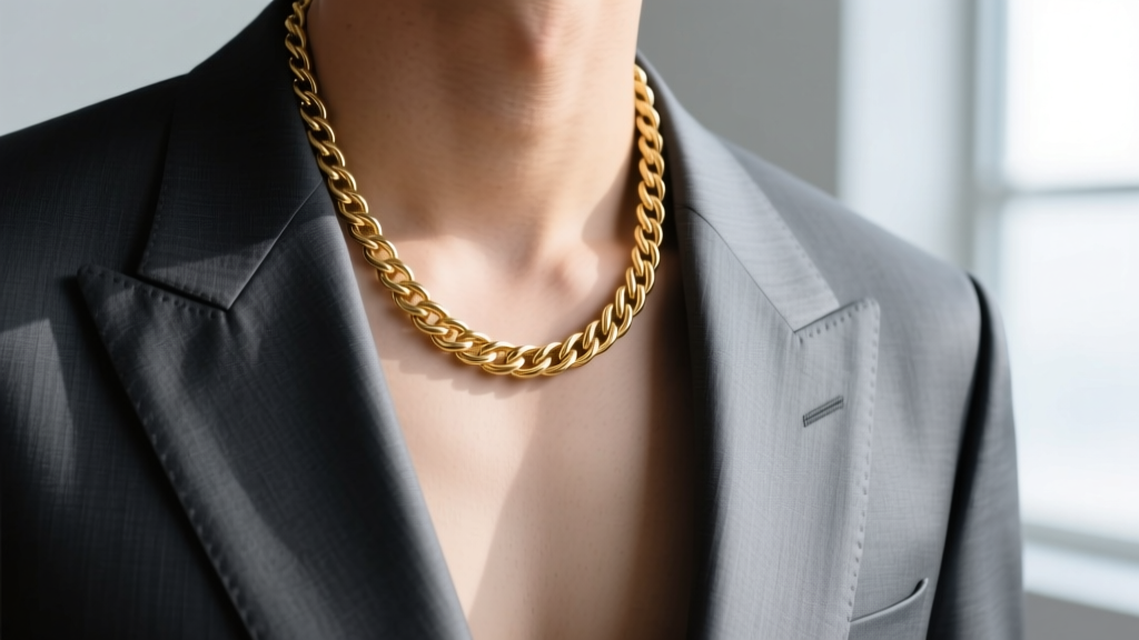 2mm 18k gold rope chain resting on a charcoal suit sternum, highlighting the precise mid-chest drape and intricate link texture.