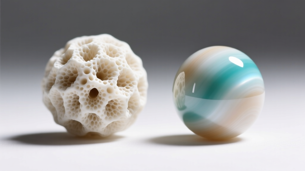 Side-by-side macro view of a porous genuine white coral bead next to a smooth dyed howlite imitation under bright gemological light