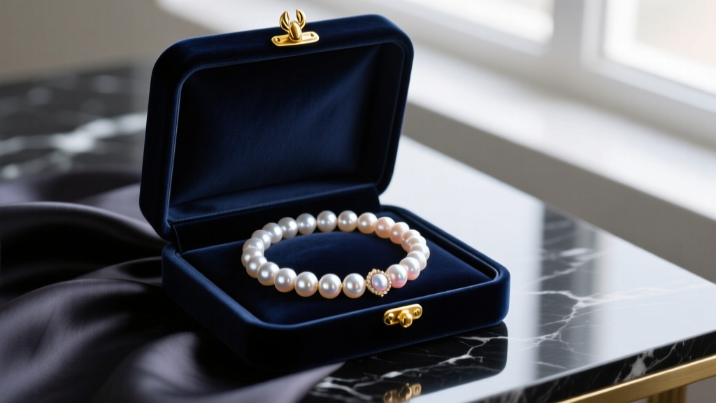 Elegant open velvet box revealing a luminous 7mm Akoya pearl necklace with a polished 14k yellow gold lobster clasp on dark silk