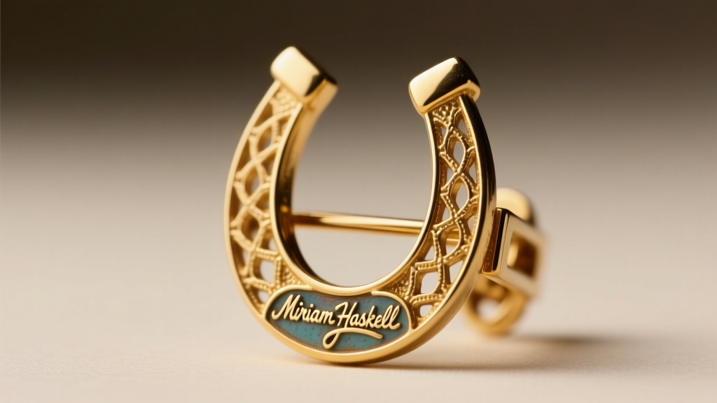 Macro shot of a vintage Miriam Haskell horseshoe signature plaque on the back of a gold-tone filigree clip-on earring backing