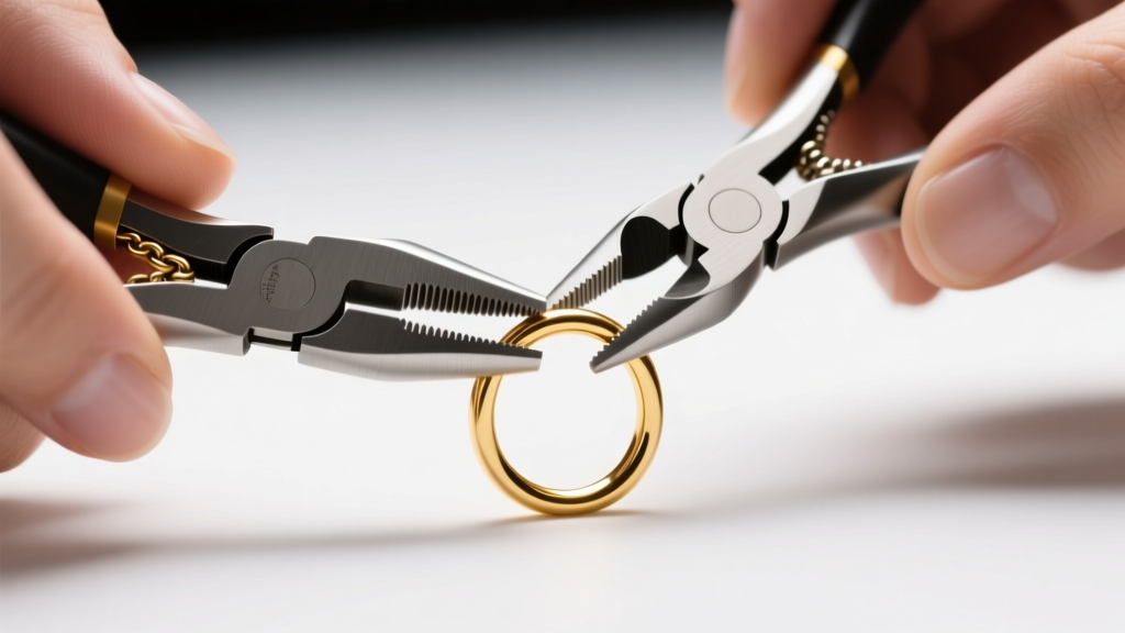 Close-up of hands using tungsten carbide chain-nose pliers to close a 14k gold jump ring under bright jeweler's bench lighting