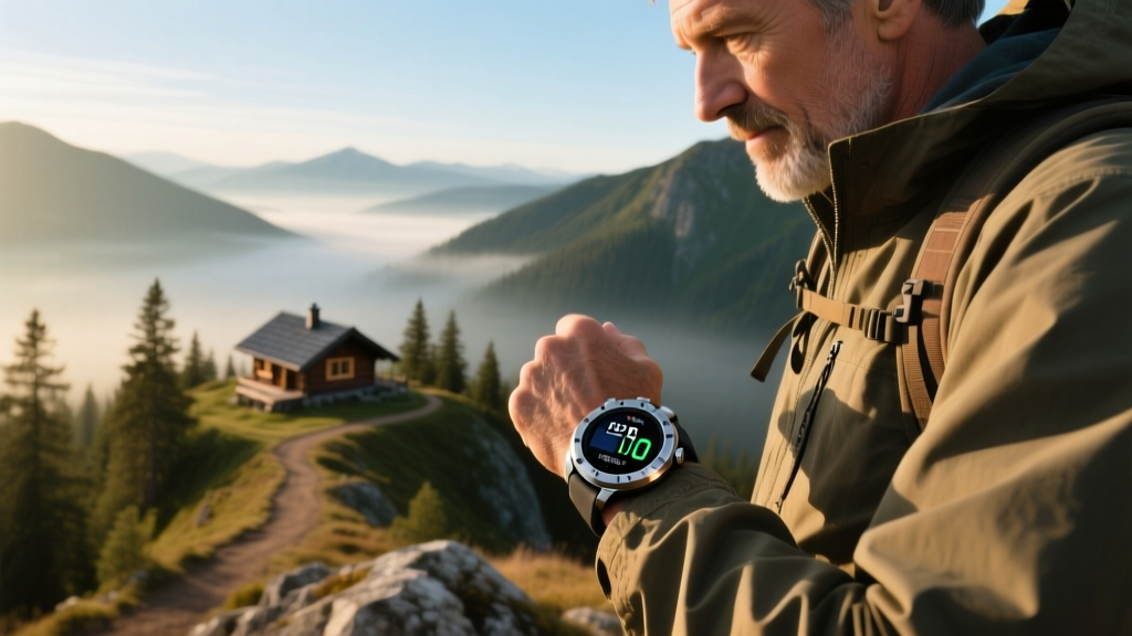 Hiker checking a rugged smartwatch with a solar bezel on a mountain ridge, with an off-grid cabin visible in the valley below.